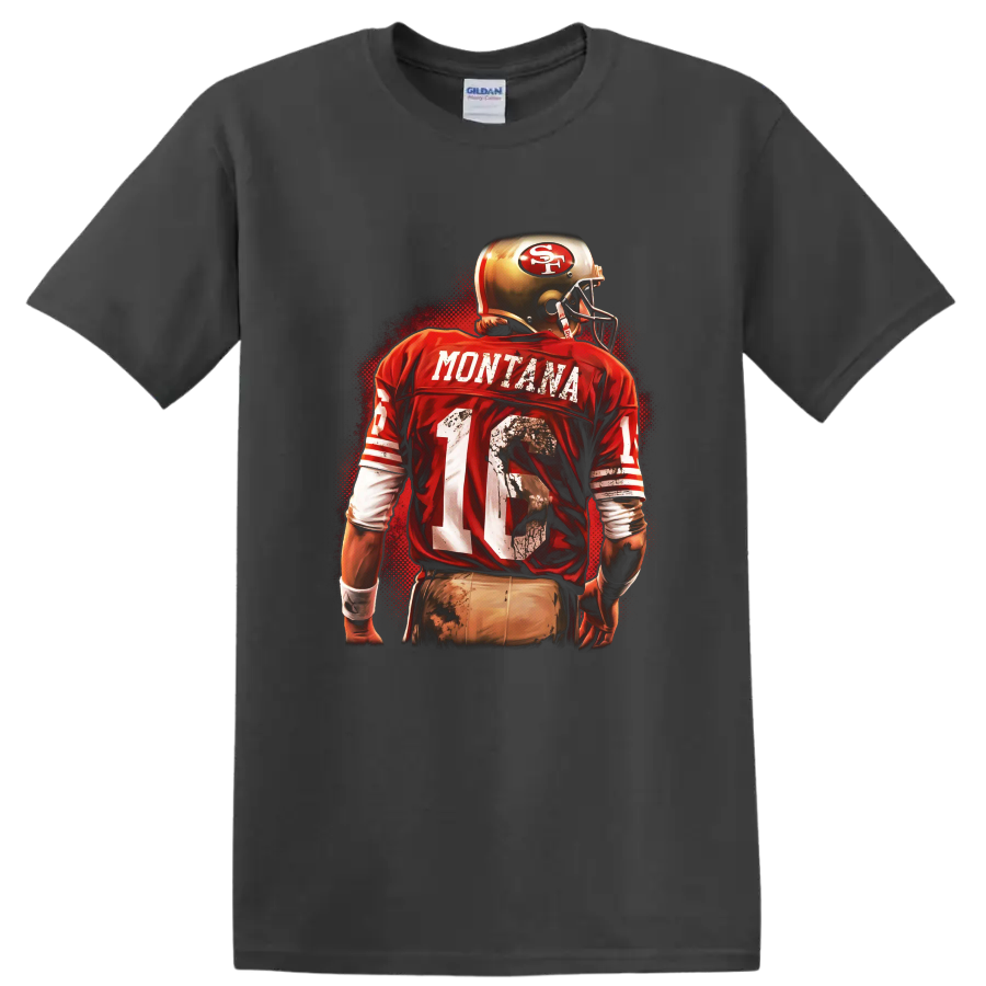 Joe Montana 49ers number 16 football player in distressed retro red artwork on a Charcoal T Shirt