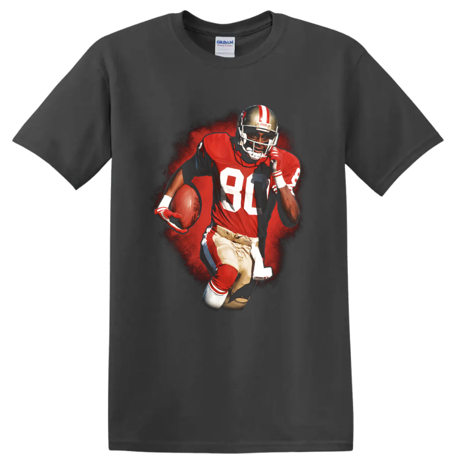 Jerry Rice 49ers number 80 action football graphic with red halftone backdrop on a Charcoal T Shirt