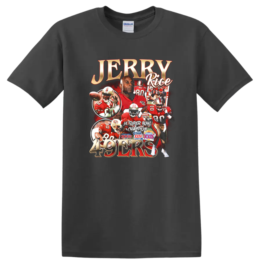 Jerry Rice 49ers football collage with number 80 action scenes and championship emblems on a Charcoal T Shirt