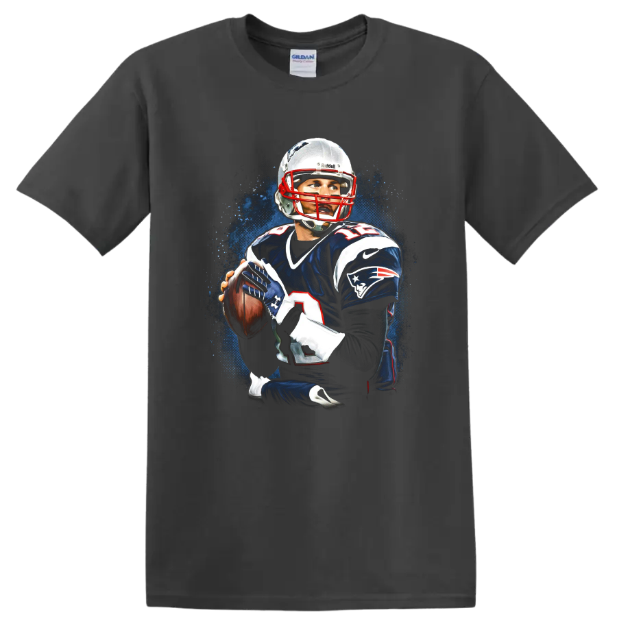 Tom Brady New England Patriots quarterback portrait with blue paint-splash backdrop on a Charcoal T Shirt
