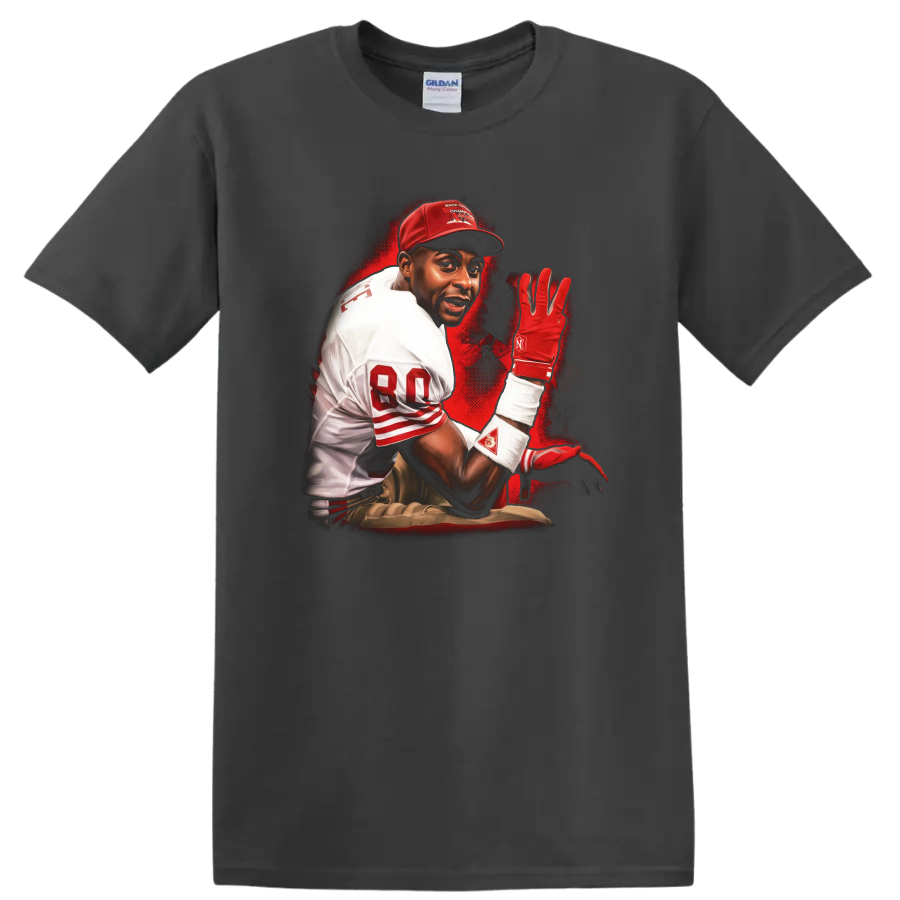 Jerry Rice 49ers-inspired football action portrait with red sports-poster splatter art on a Charcoal T Shirt