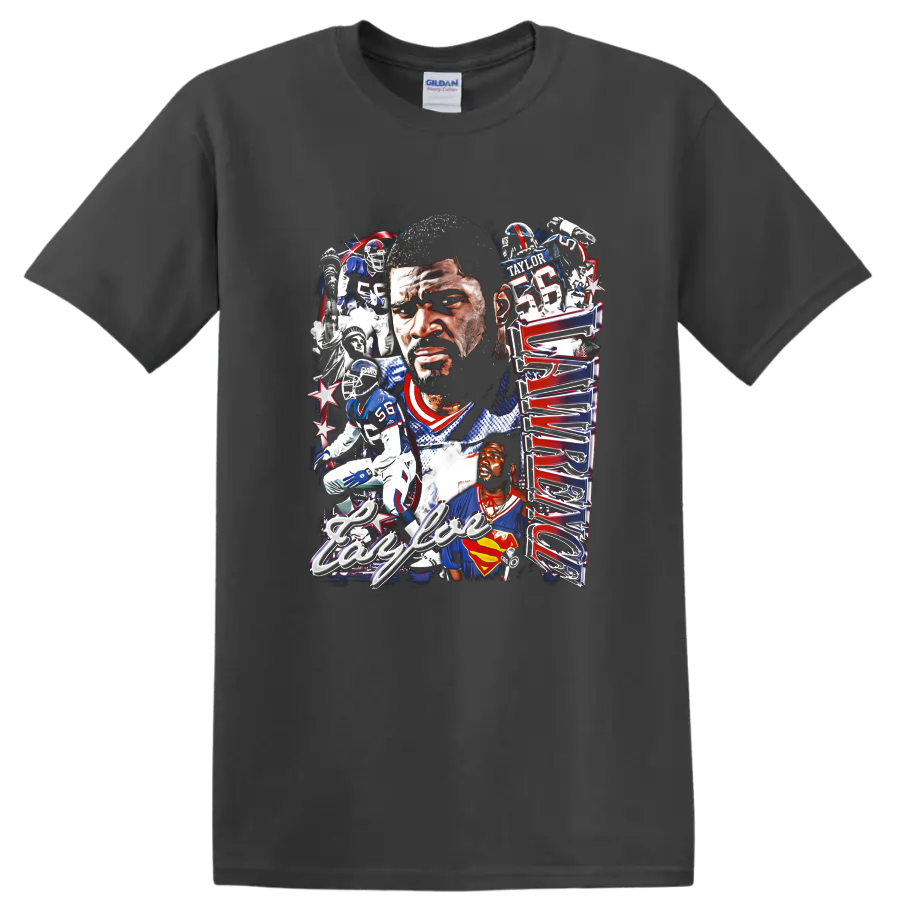 Lawrence Taylor New York Giants football portrait collage with number 56 action scenes on a Charcoal T Shirt