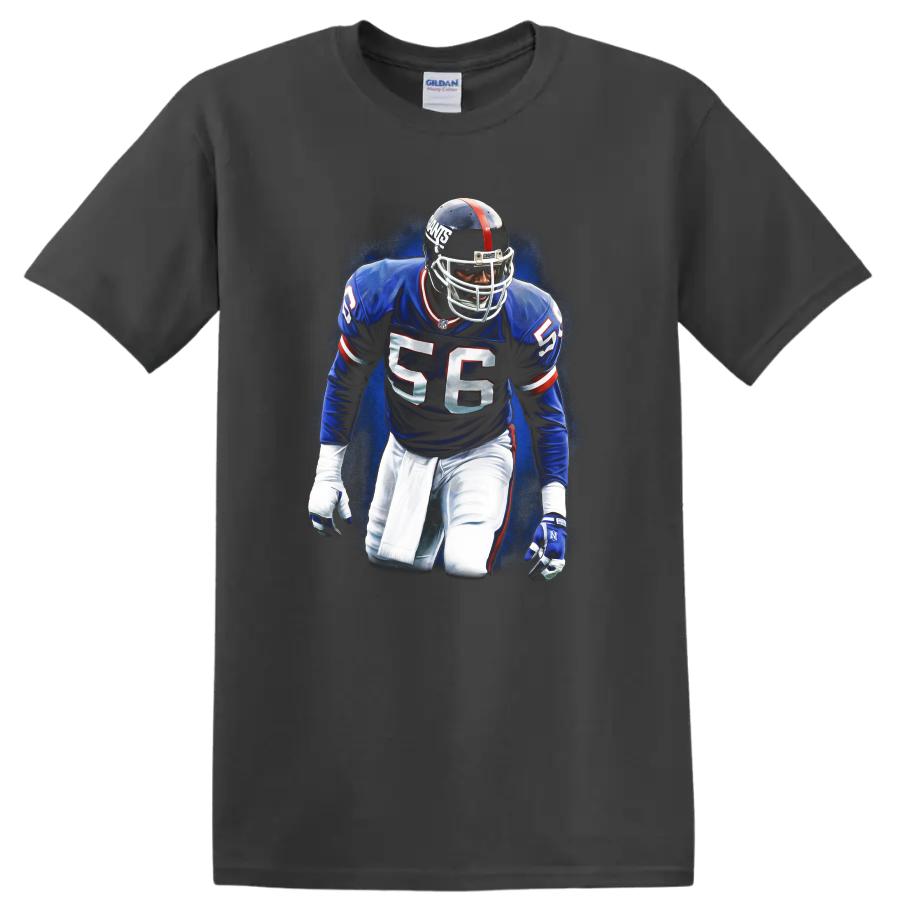 Lawrence Taylor number 56 New York Giants linebacker graphic with blue textured backdrop on a Charcoal T Shirt