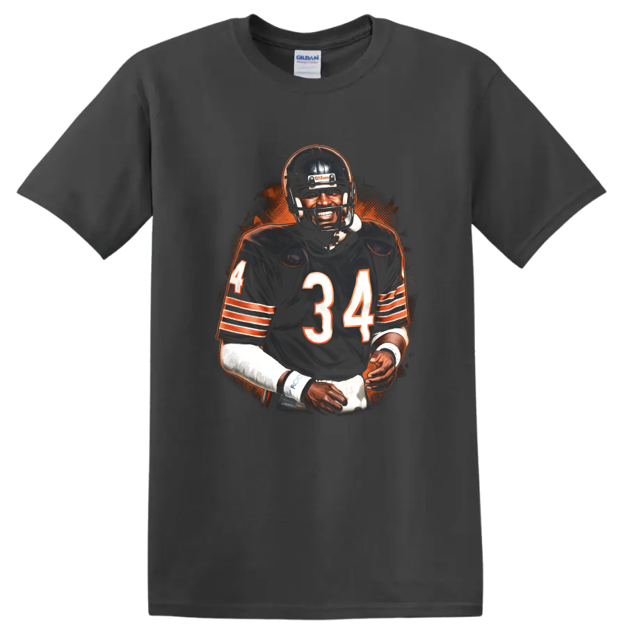 Walter Payton No. 34 football portrait with orange halftone background on a Charcoal T Shirt