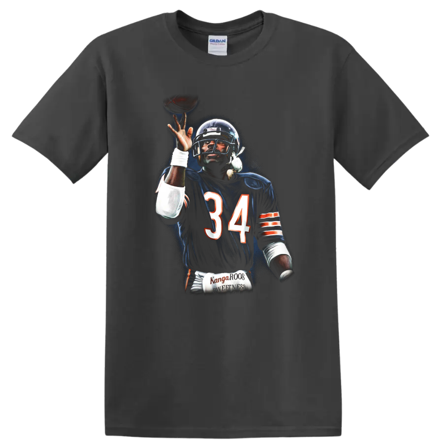 Walter Payton Chicago Bears number 34 football action portrait in dramatic retro style on a Charcoal T Shirt