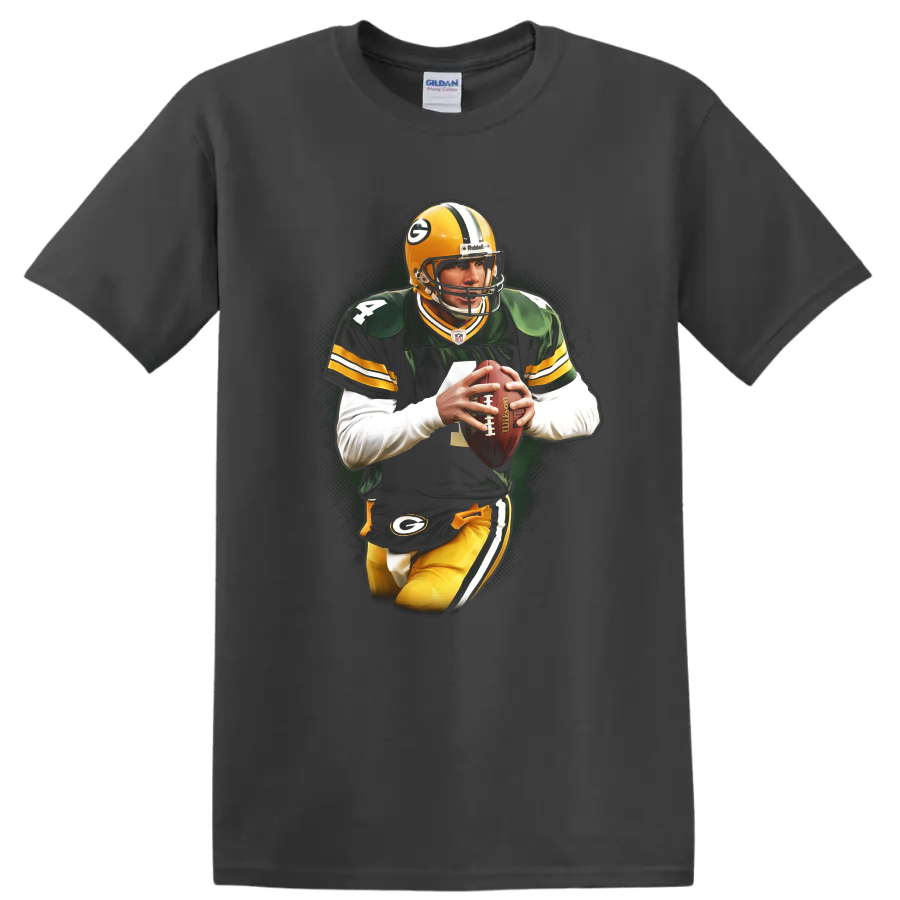 Aaron Rodgers Green Bay Packers quarterback action portrait with football on a Charcoal T Shirt