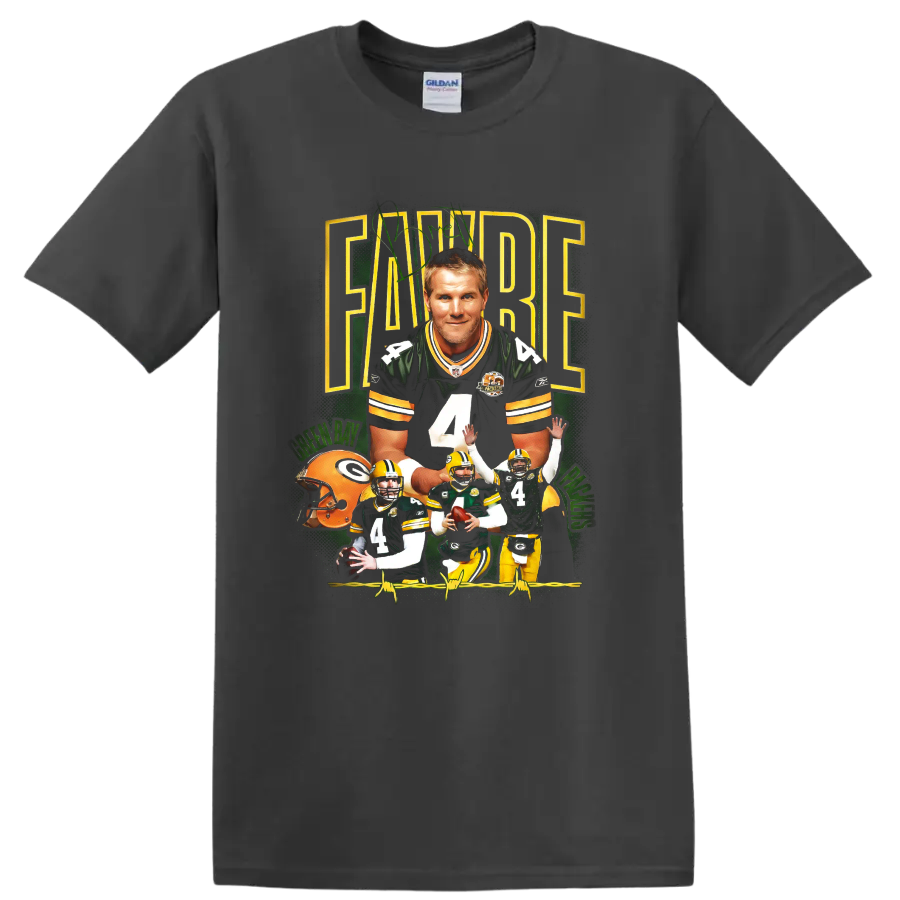 Brett Favre Packers number 4 football action collage in vintage sports-poster style on a Charcoal T Shirt
