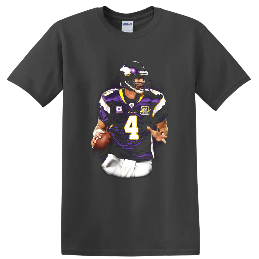 Brett Favre Minnesota Vikings quarterback portrait with purple number 4 uniform on a Charcoal T Shirt