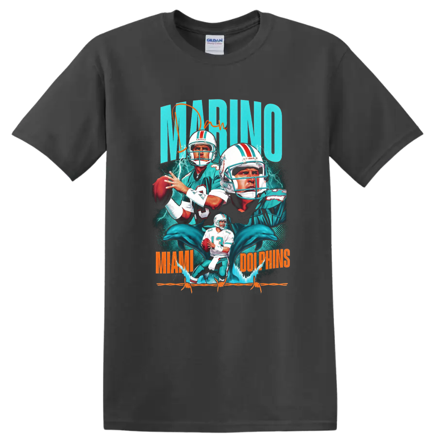 Dan Marino Miami Dolphins retro quarterback collage with dolphins and lightning on a Charcoal T Shirt