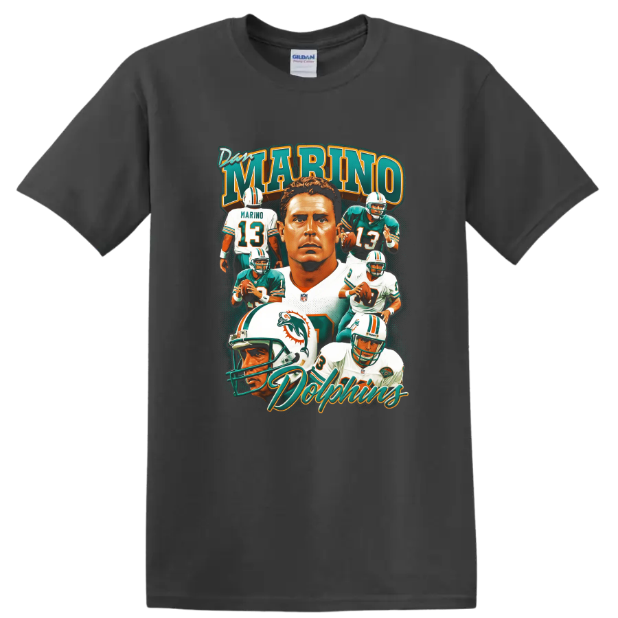 Dan Marino Miami Dolphins quarterback portrait collage with number 13 action scenes on a Charcoal T Shirt