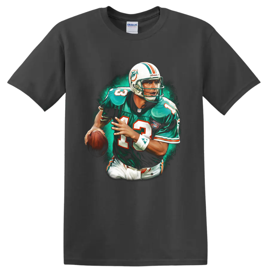 Dan Marino Miami Dolphins quarterback retro action portrait with teal halftone backdrop on a Charcoal T Shirt
