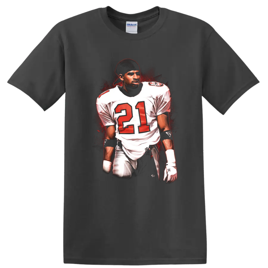 Deion Sanders number 21 football player illustration with red splatter background on a Charcoal T Shirt