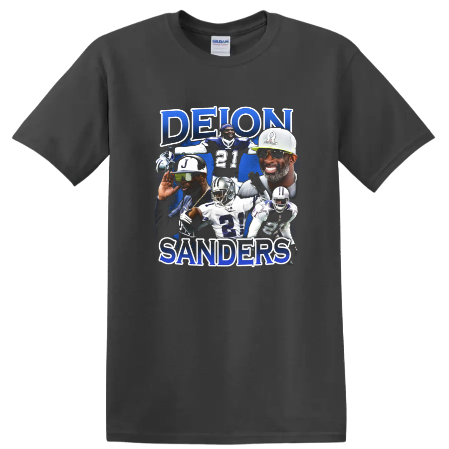 Deion Sanders football collage with blue paint splatter and DEION SANDERS lettering on a Charcoal T Shirt