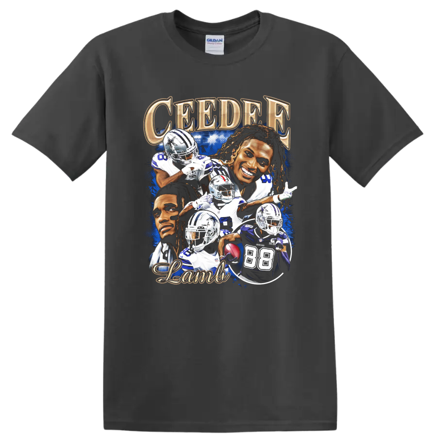 CeeDee Lamb Dallas Cowboys football action and portrait collage with gold lettering on a Charcoal T Shirt