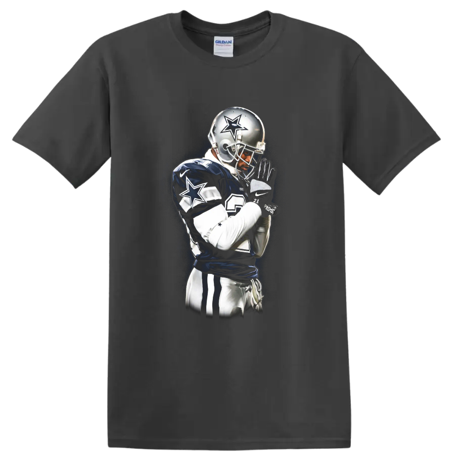 Deion Sanders Dallas Cowboys football portrait with silver helmet and star details on a Charcoal T Shirt