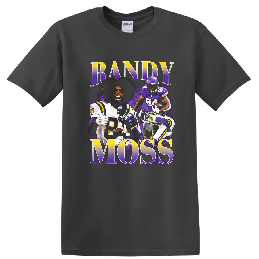 Randy Moss Minnesota Vikings football action collage with RANDY MOSS lettering on a Charcoal T Shirt