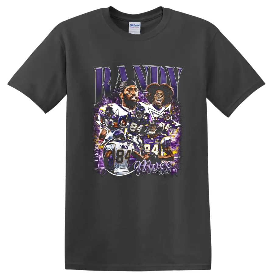 Randy Moss Minnesota Vikings purple football collage with action poses and number 84 on a Charcoal T Shirt