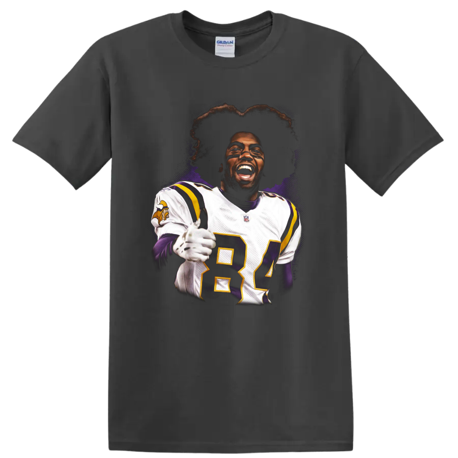 Randy Moss Minnesota Vikings number 84 football portrait with purple splatter art on a Charcoal T Shirt