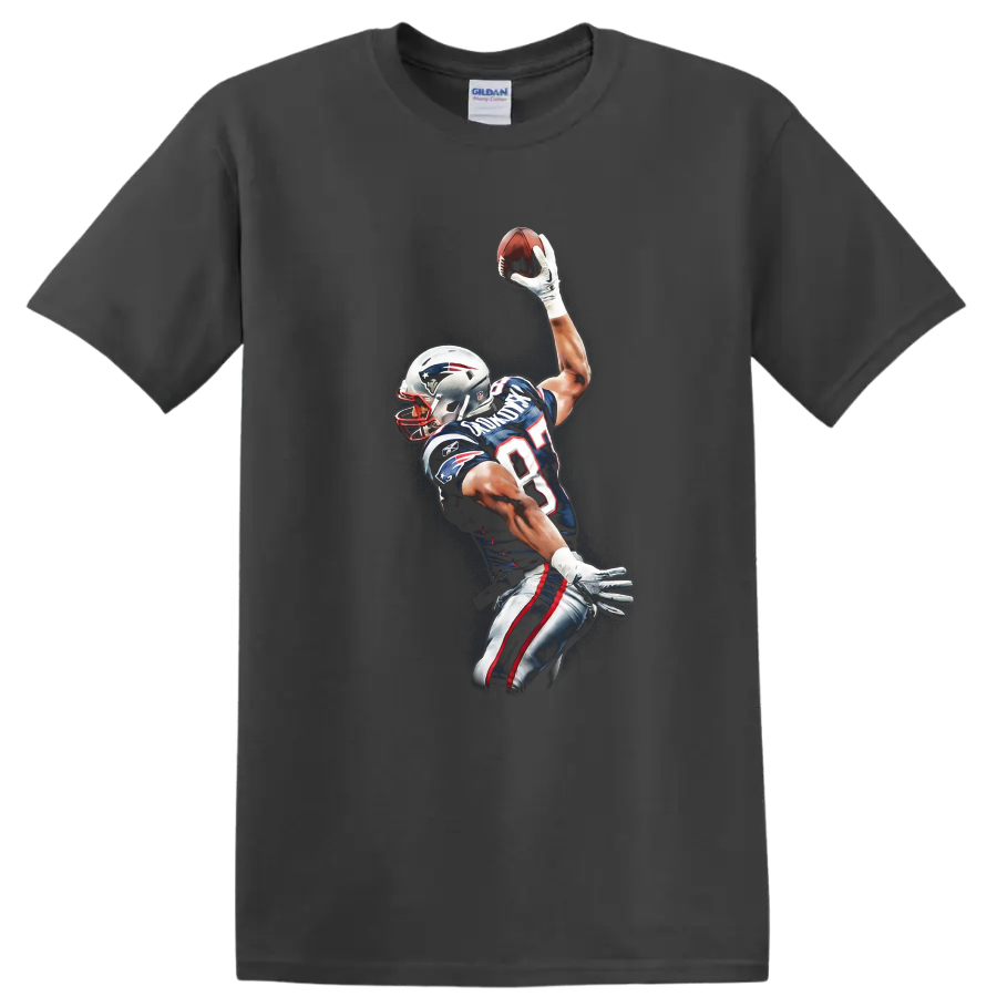 Rob Gronkowski Patriots football player making a one-handed catch in dramatic action art on a Charcoal T Shirt