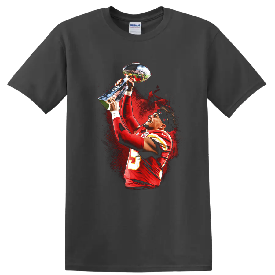Patrick Mahomes raising a trophy in red football uniform with dramatic red splatter art on a Charcoal T Shirt