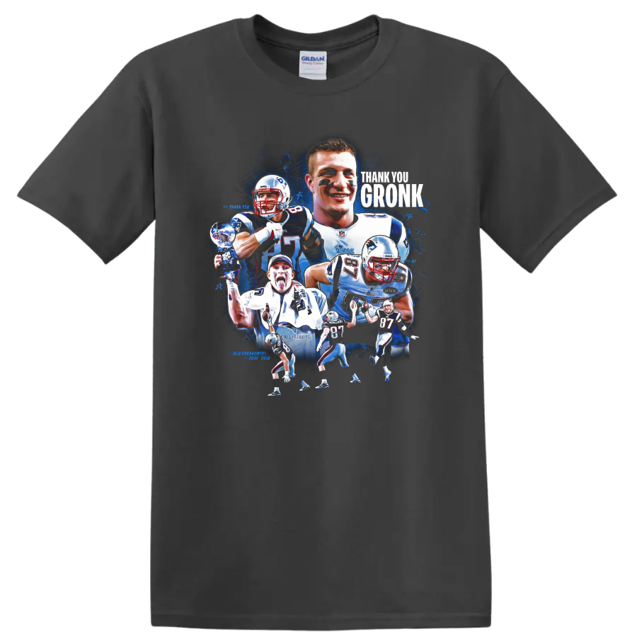 Rob Gronkowski Patriots football action collage with Thank You Gronk lettering on a Charcoal T Shirt