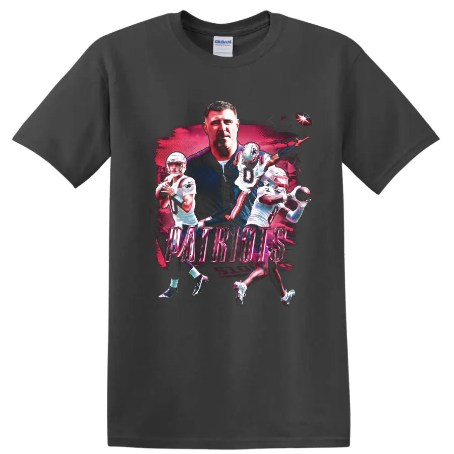 Drake Maye and Stefon Diggs Patriots football action collage with bold PATRIOTS text on a Charcoal T Shirt