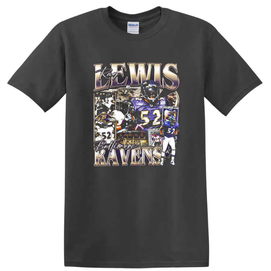 Ray Lewis Baltimore Ravens number 52 football collage with stadium and helmet portraits on a Charcoal T Shirt
