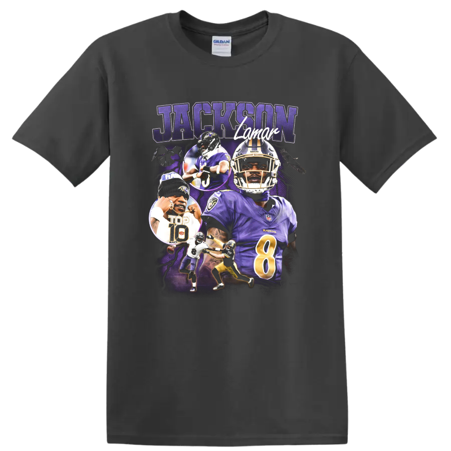Lamar Jackson Baltimore Ravens number 8 football portrait collage with JACKSON text on a Charcoal T Shirt