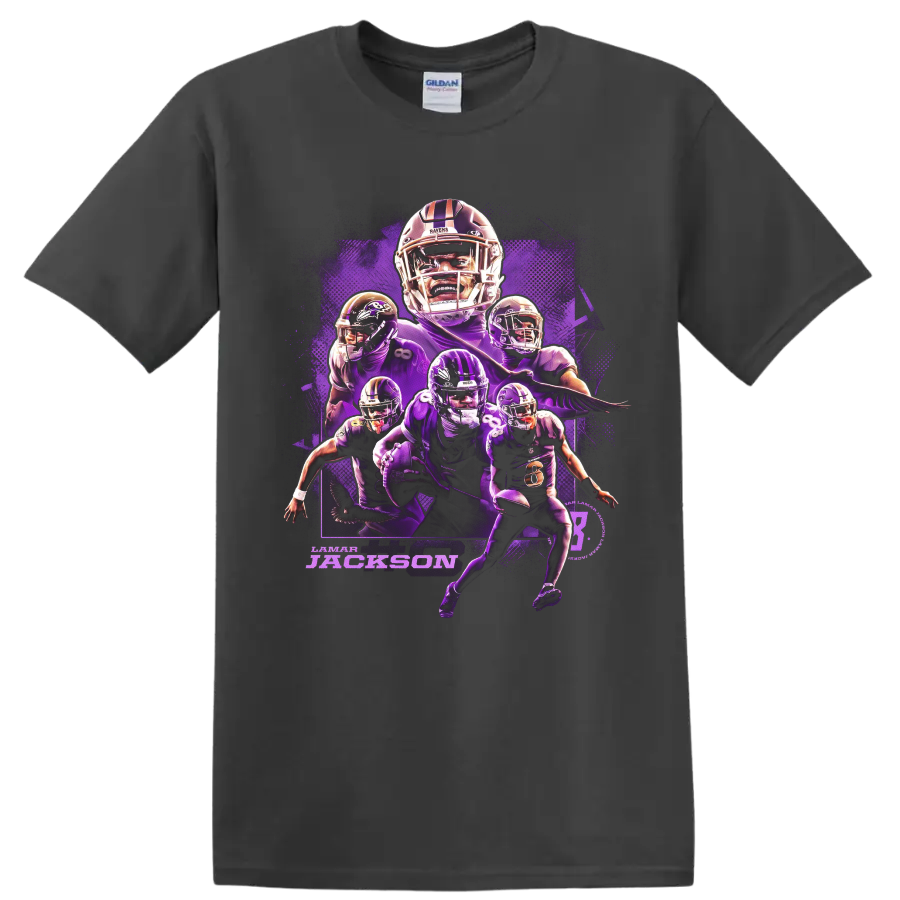 Lamar Jackson Baltimore Ravens purple football action collage with layered player poses on a Charcoal T Shirt