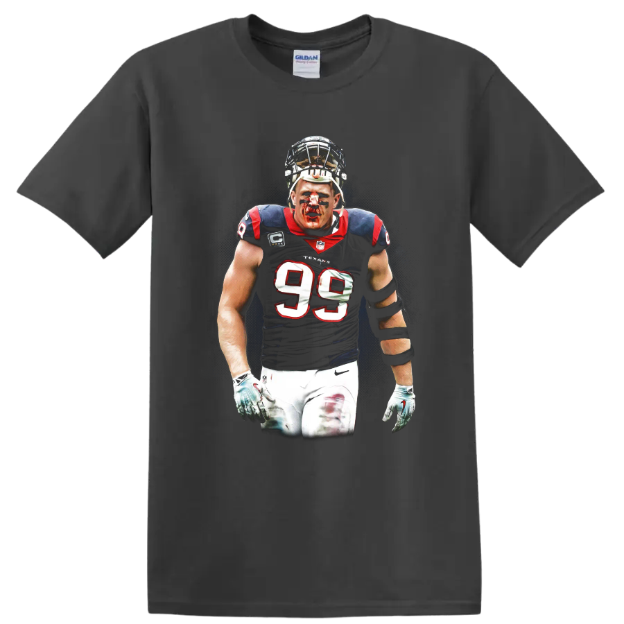 J.J. Watt Houston Texans defensive player portrait in gritty football graphic style on a Charcoal T Shirt