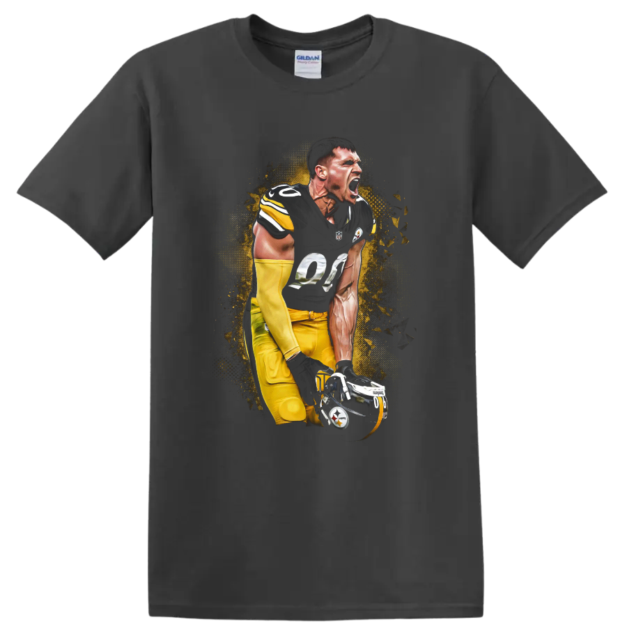 Ben Roethlisberger Steelers quarterback in a roaring pose with gold halftone burst art on a Charcoal T Shirt