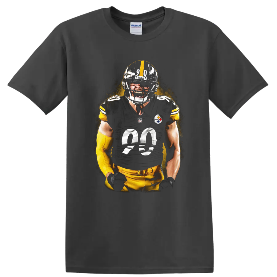 T.J. Watt Steelers defensive football player portrait with gold halftone backdrop on a Charcoal T Shirt