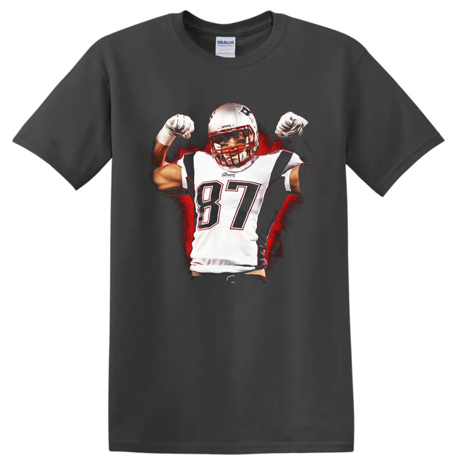 Travis Kelce number 87 football player flexing in bold red and black graphic art on a Charcoal T Shirt