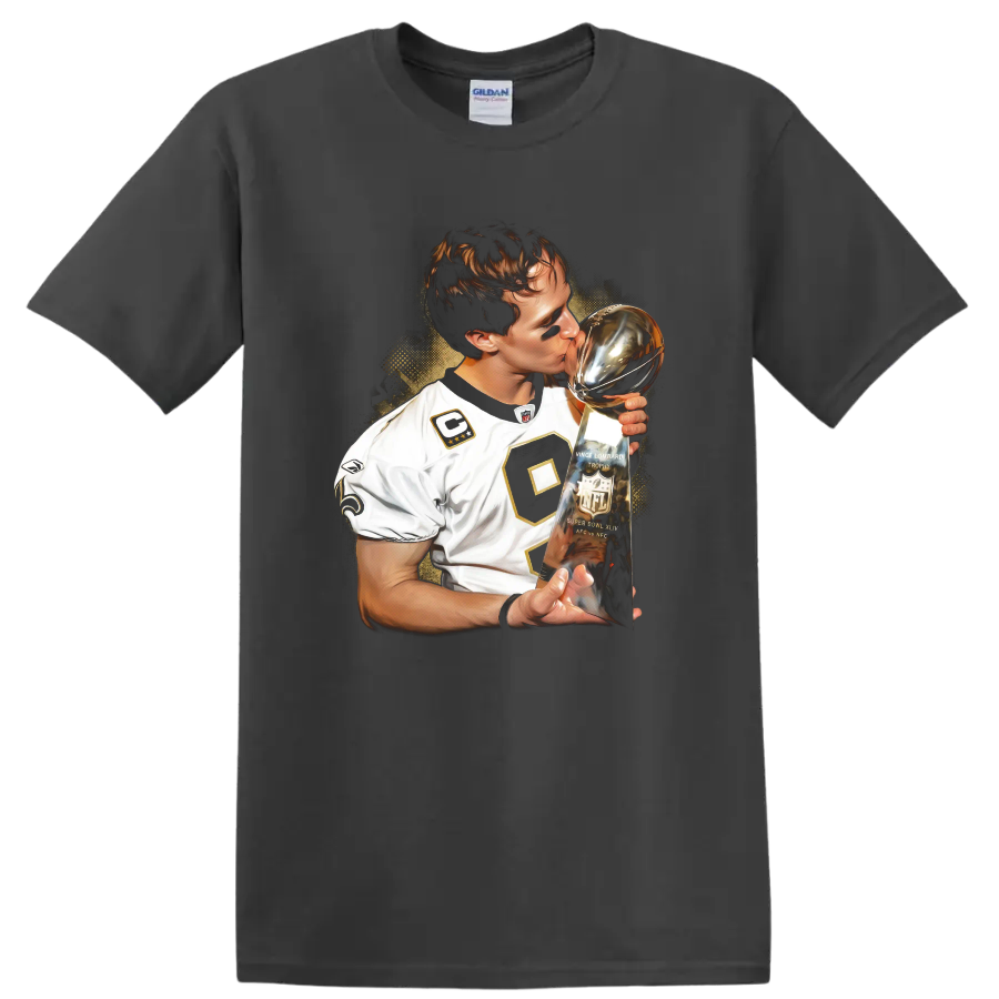 Drew Brees kissing the Vince Lombardi Trophy in dramatic football portrait art on a Charcoal T Shirt