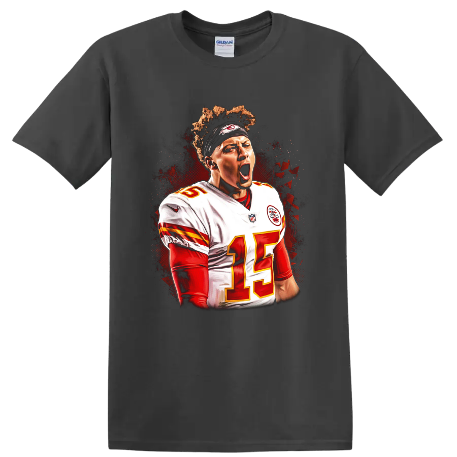 Patrick Mahomes Chiefs number 15 quarterback portrait with red and black action art on a Charcoal T Shirt