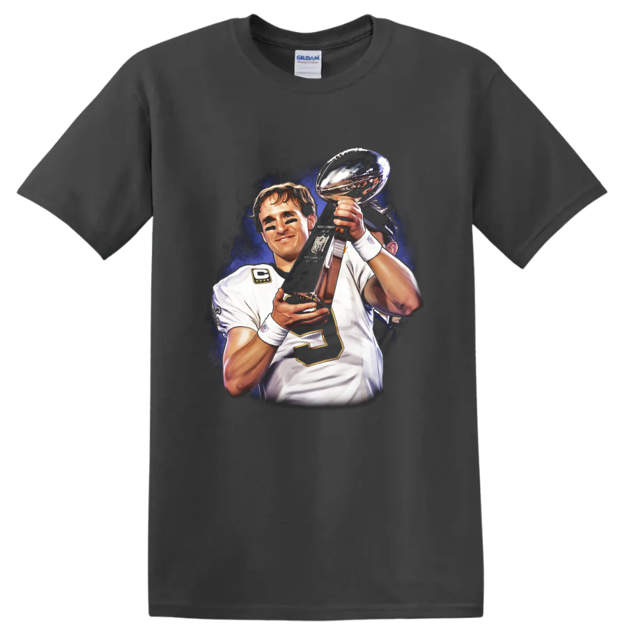 Drew Brees holding Lombardi Trophy in illustrated New Orleans Saints football art on a Charcoal T Shirt