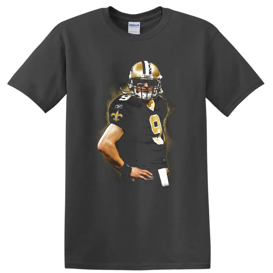Drew Brees New Orleans Saints quarterback portrait with gold splatter background on a Charcoal T Shirt