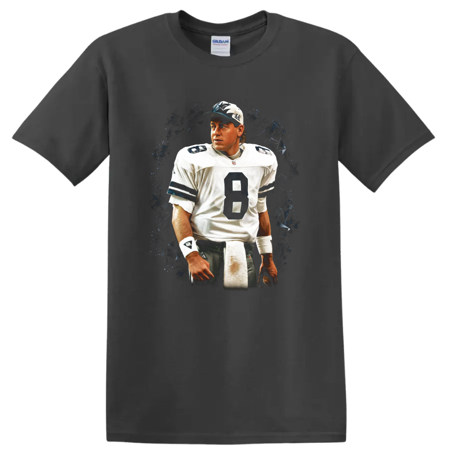Troy Aikman Dallas Cowboys quarterback portrait with dark vintage splatter backdrop on a Charcoal T Shirt