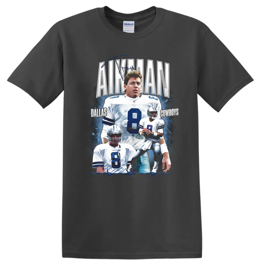 Troy Aikman Dallas Cowboys No. 8 football collage with quarterback action portraits on a Charcoal T Shirt