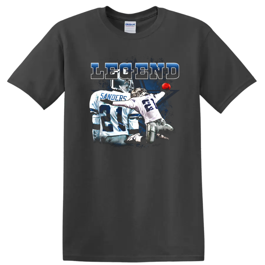 Deion Sanders Dallas Cowboys number 21 action graphic with distressed LEGEND text on a Charcoal T Shirt