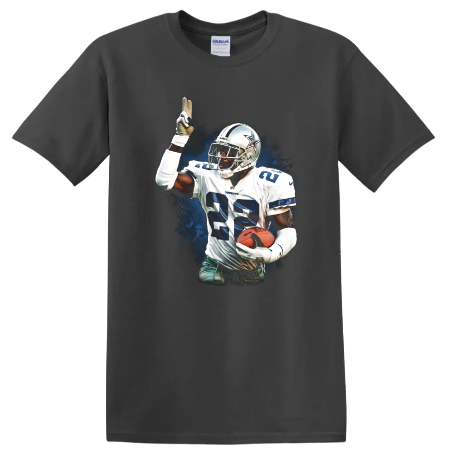 Emmitt Smith Dallas Cowboys No. 22 football action art with blue grunge backdrop on a Charcoal T Shirt