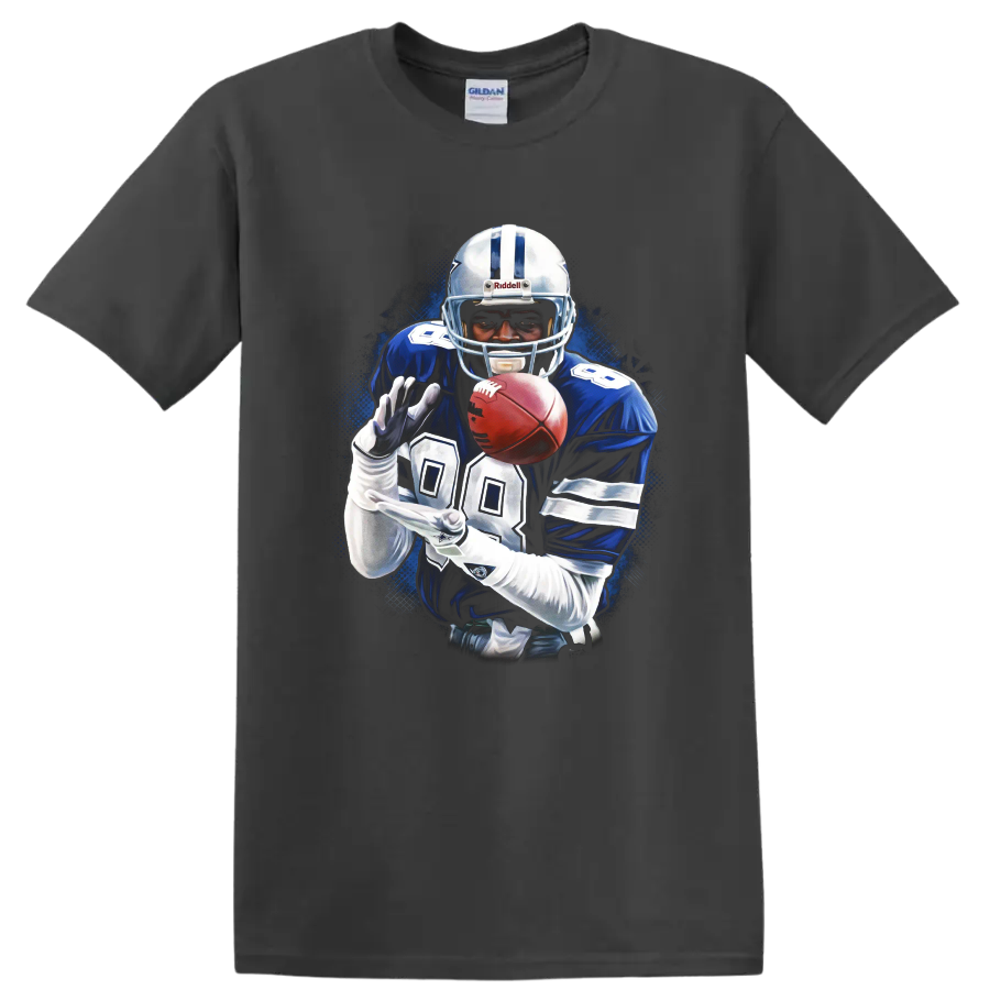 Emmitt Smith Dallas Cowboys number 22 football player with ball in blue action art on a Charcoal T Shirt