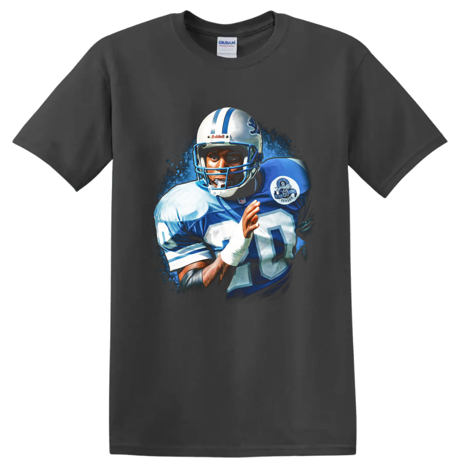 Barry Sanders Detroit Lions number 20 football action portrait with blue splatter art on a Charcoal T Shirt