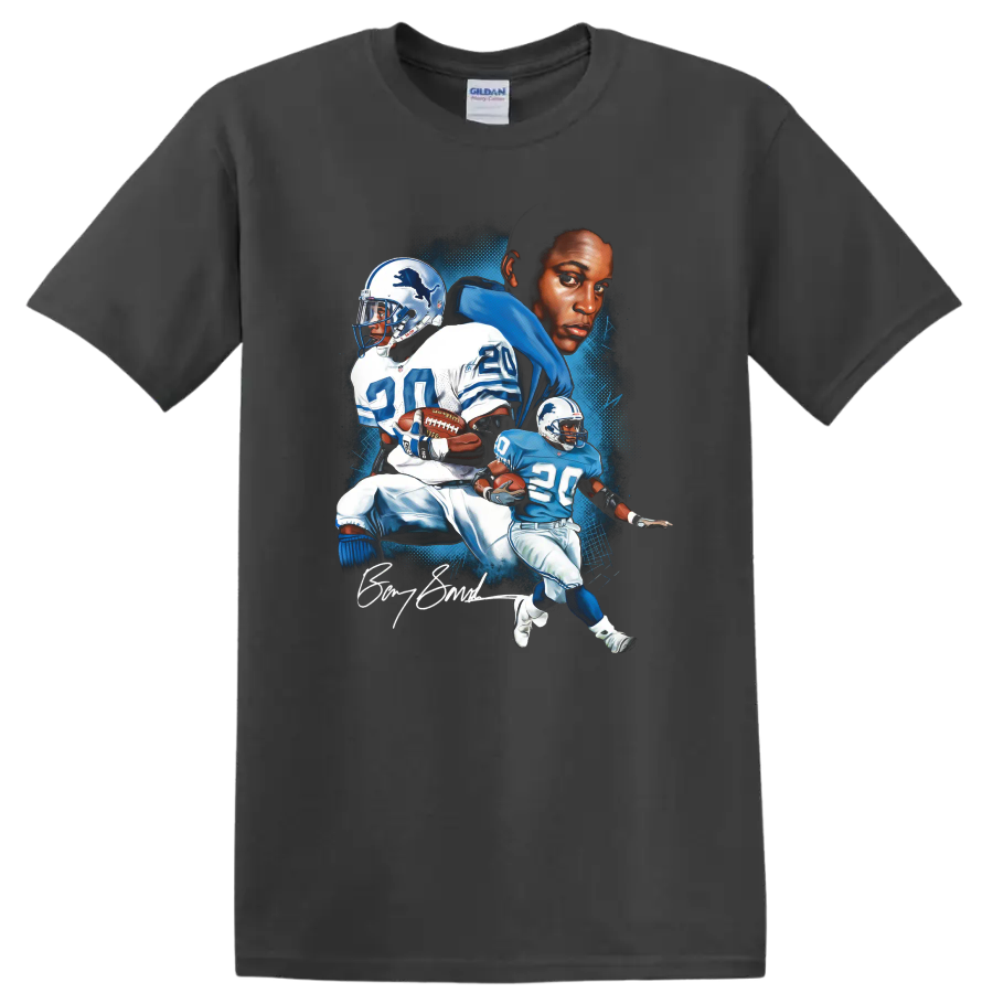 Barry Sanders Detroit Lions No. 20 illustrated football action portrait on a Charcoal T Shirt
