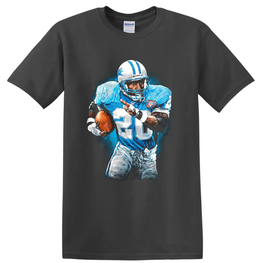Barry Sanders Detroit Lions number 20 running back action graphic with blue paint splatter on a Charcoal T Shirt