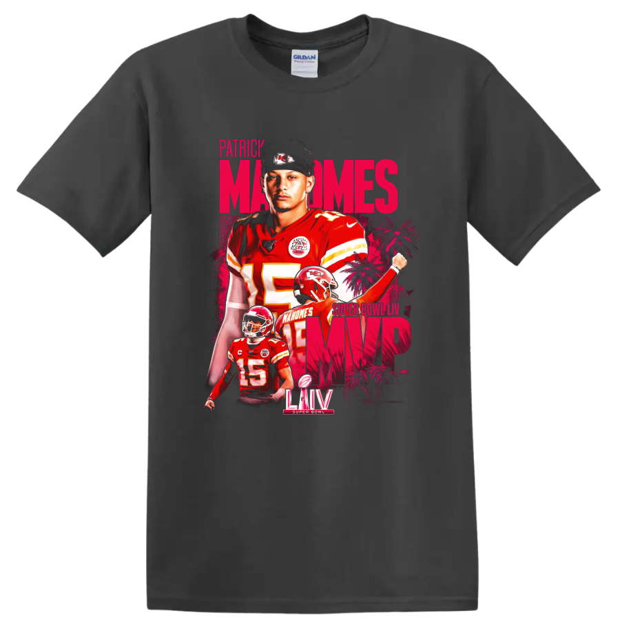 Patrick Mahomes Chiefs Super Bowl LIV MVP layered football portrait in pink and red on a Charcoal T Shirt