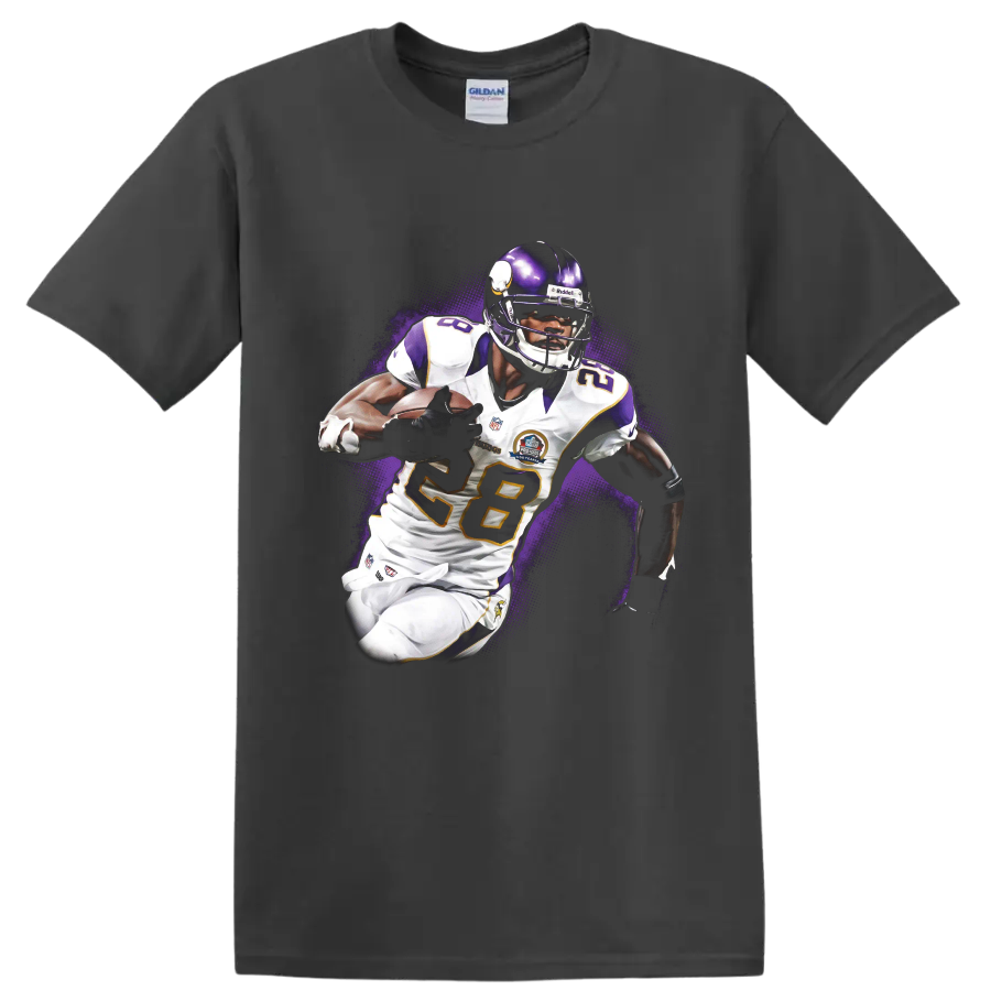 Adrian Peterson Minnesota Vikings running back action artwork with purple halftone burst on a Charcoal T Shirt
