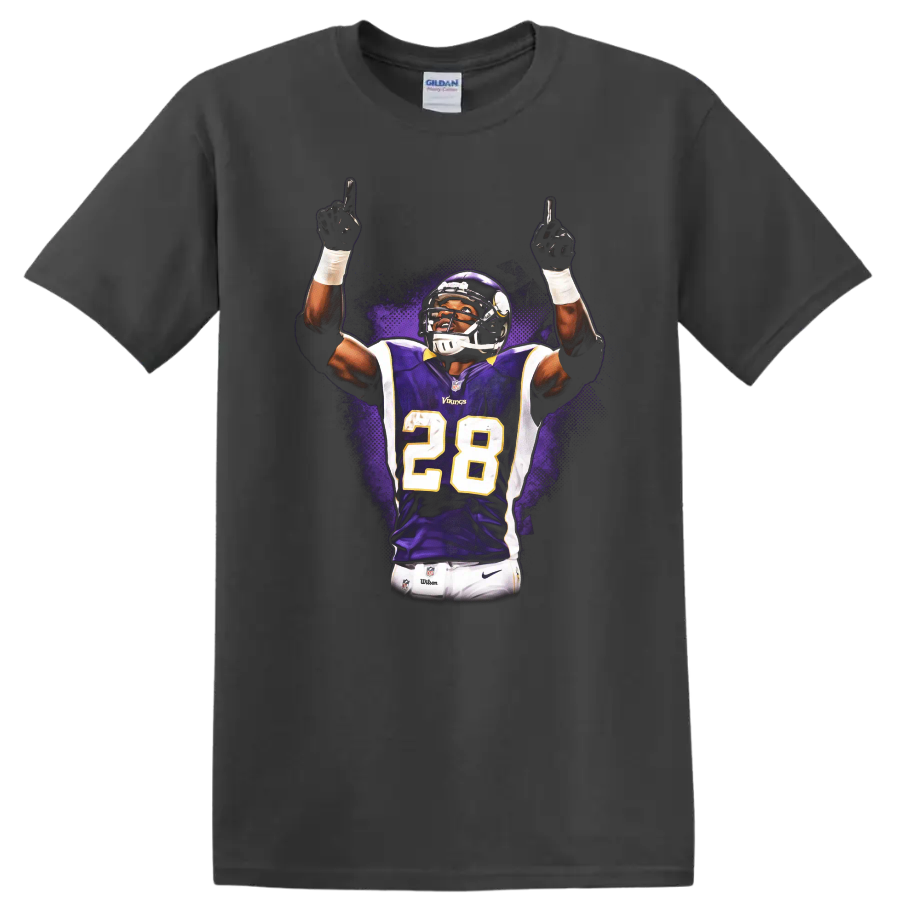 Adrian Peterson Vikings number 28 purple jersey celebration with purple splash art on a Charcoal T Shirt