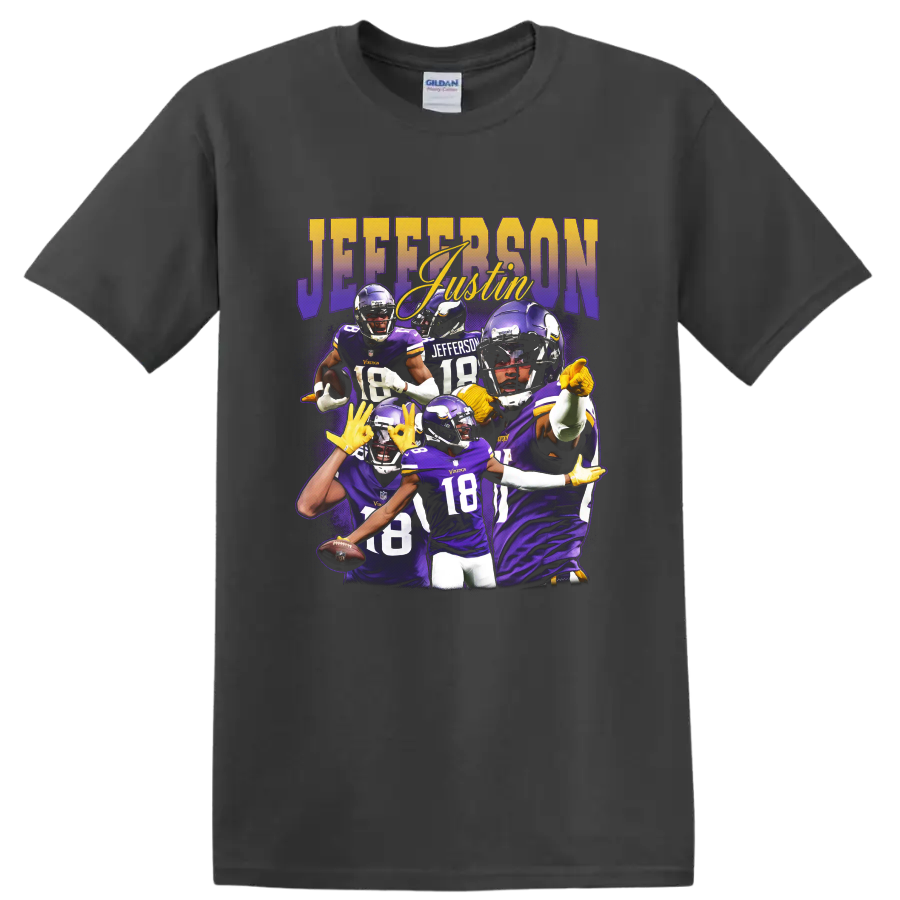 Justin Jefferson Minnesota Vikings purple football action collage with JEFFERSON lettering on a Charcoal T Shirt
