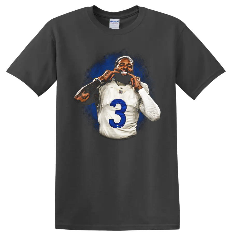 Odell Beckham Jr Cleveland Browns number 3 portrait with blue splatter background on a Charcoal T Shirt